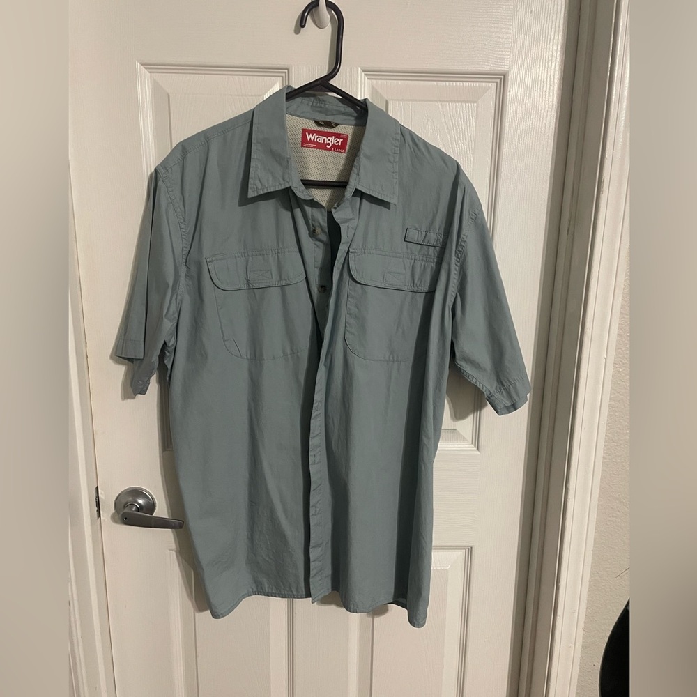 Wrangler‎ mens button down blue/grey shirt with front velcro pockets size xl
